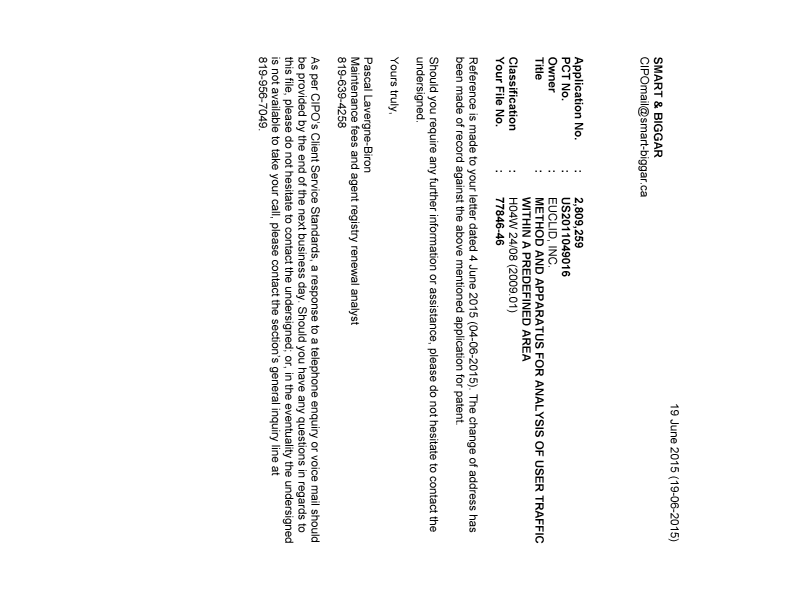 Document de brevet canadien 2809259. Lettre du bureau 20150619. Image 1 de 1