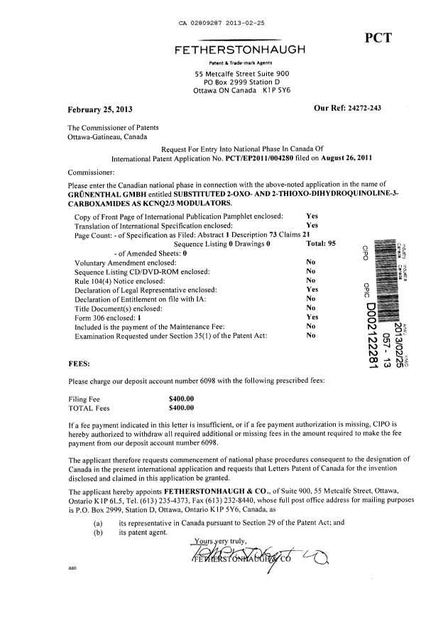 Document de brevet canadien 2809287. Cession 20130225. Image 1 de 2