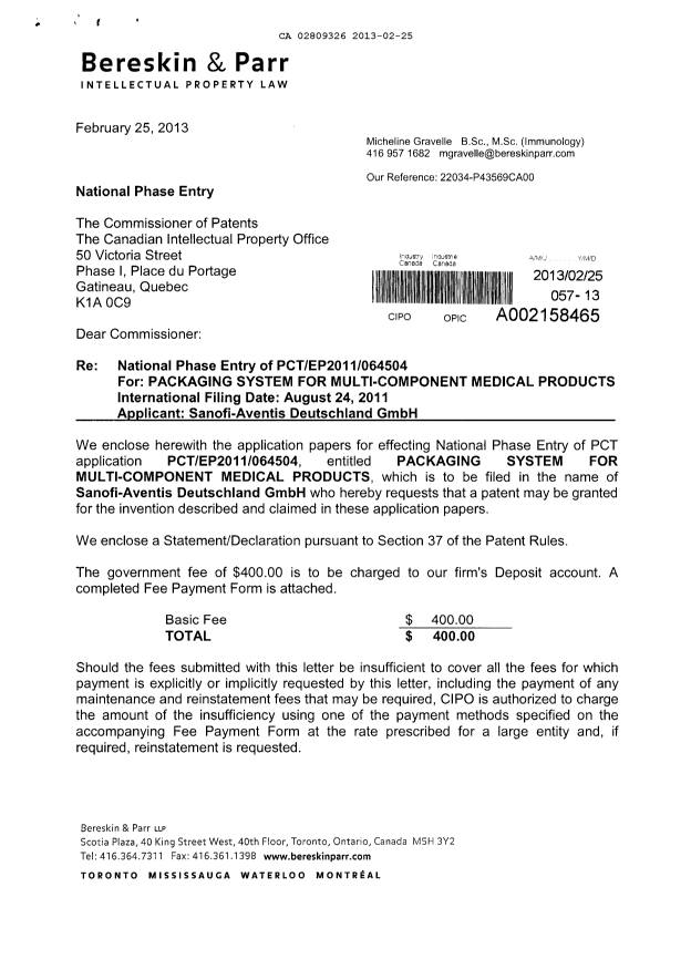 Document de brevet canadien 2809326. Cession 20130225. Image 1 de 5