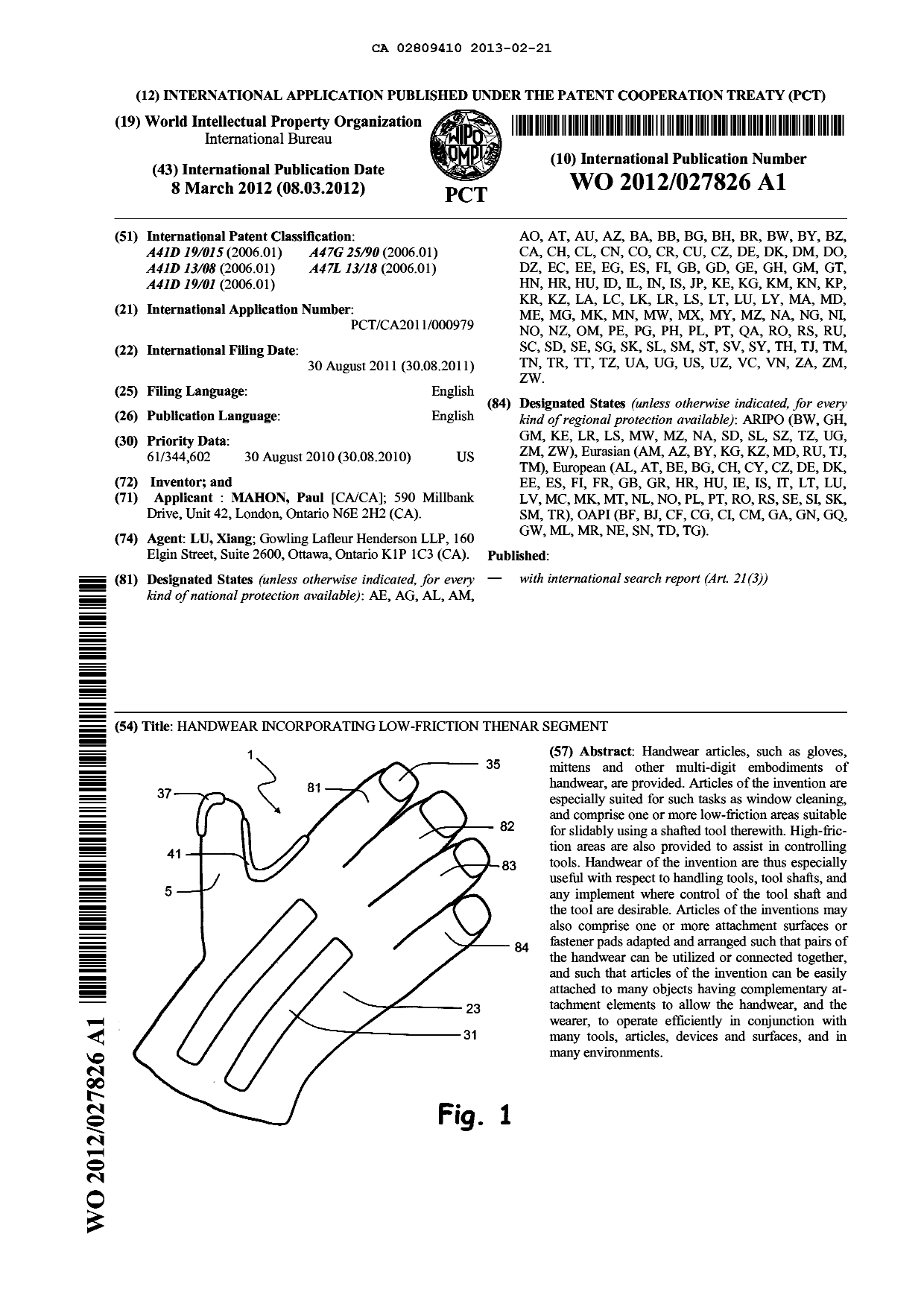 Document de brevet canadien 2809410. Abrégé 20121221. Image 1 de 1