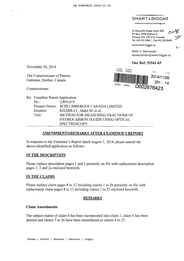 Document de brevet canadien 2809419. Poursuite-Amendment 20141126. Image 1 de 13