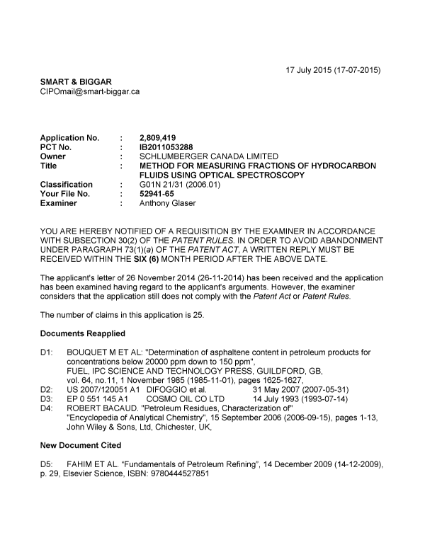 Document de brevet canadien 2809419. Demande d'examen 20150717. Image 1 de 3