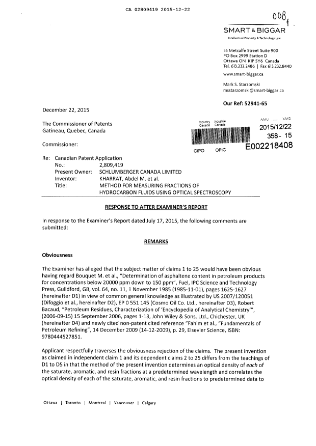 Document de brevet canadien 2809419. Modification 20151222. Image 1 de 3
