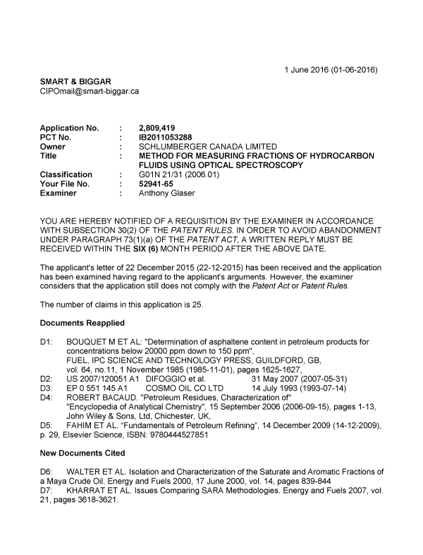 Document de brevet canadien 2809419. Demande d'examen 20160601. Image 1 de 3