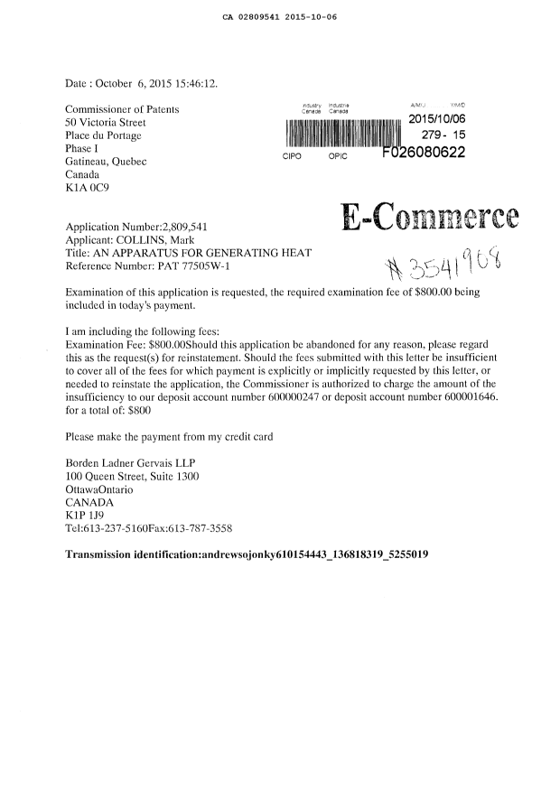 Document de brevet canadien 2809541. Requête d'examen 20151006. Image 1 de 1