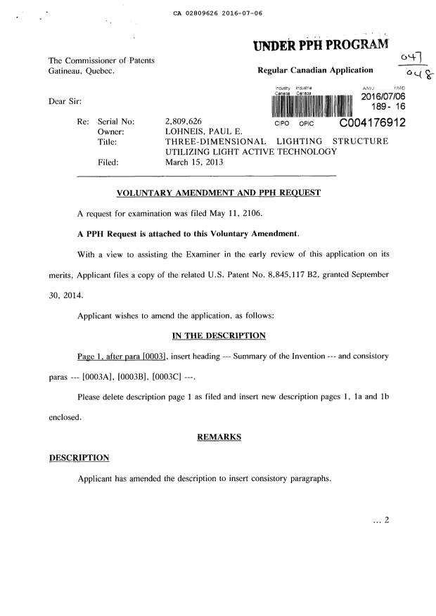 Document de brevet canadien 2809626. Poursuite-Amendment 20160706. Image 1 de 7