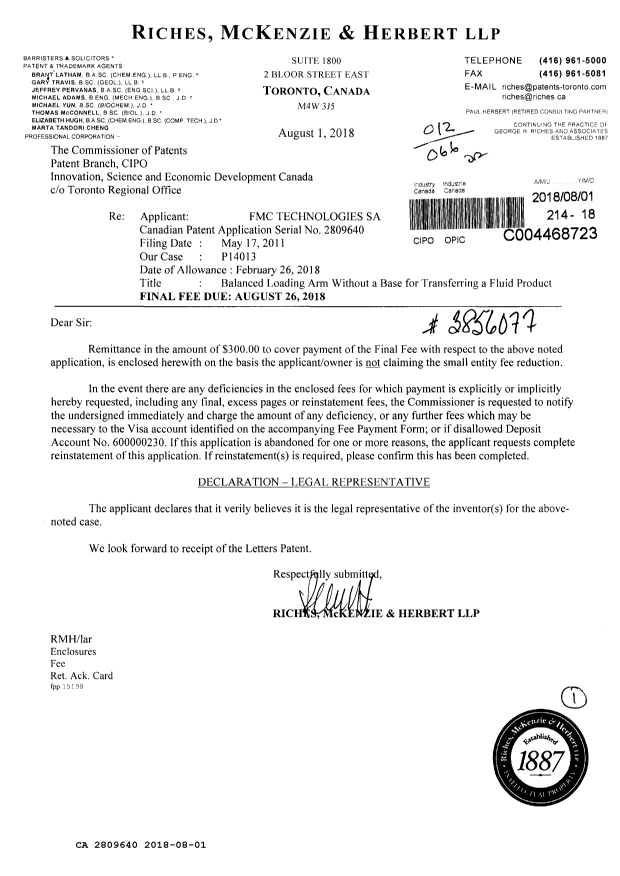 Document de brevet canadien 2809640. Correspondance 20171201. Image 1 de 1
