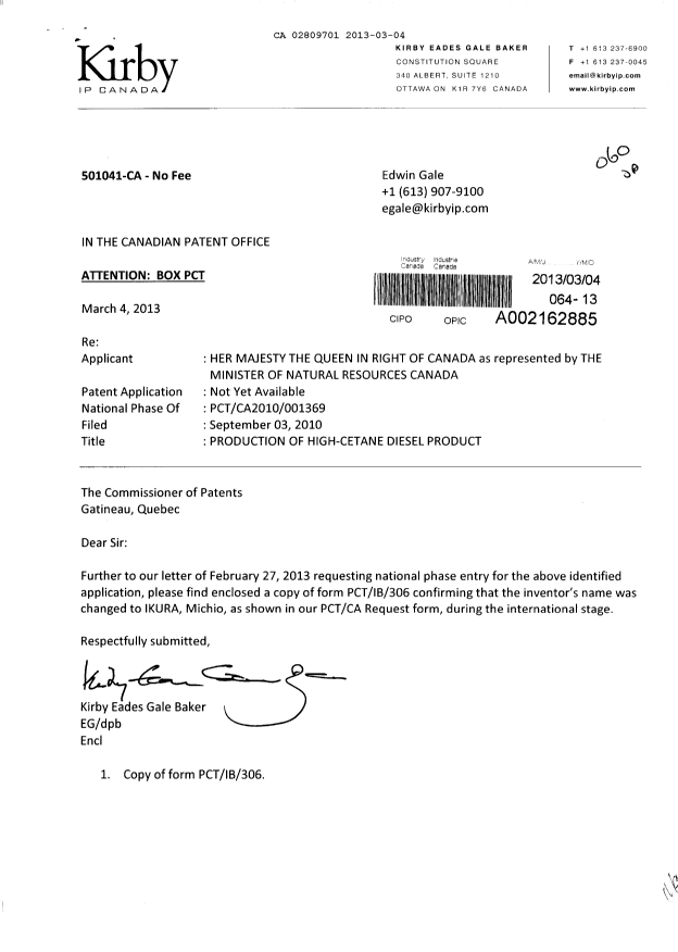 Canadian Patent Document 2809701. Correspondence 20121204. Image 1 of 2