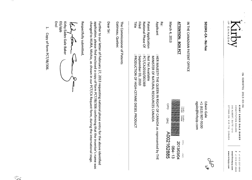 Document de brevet canadien 2809701. Correspondance 20121204. Image 1 de 2