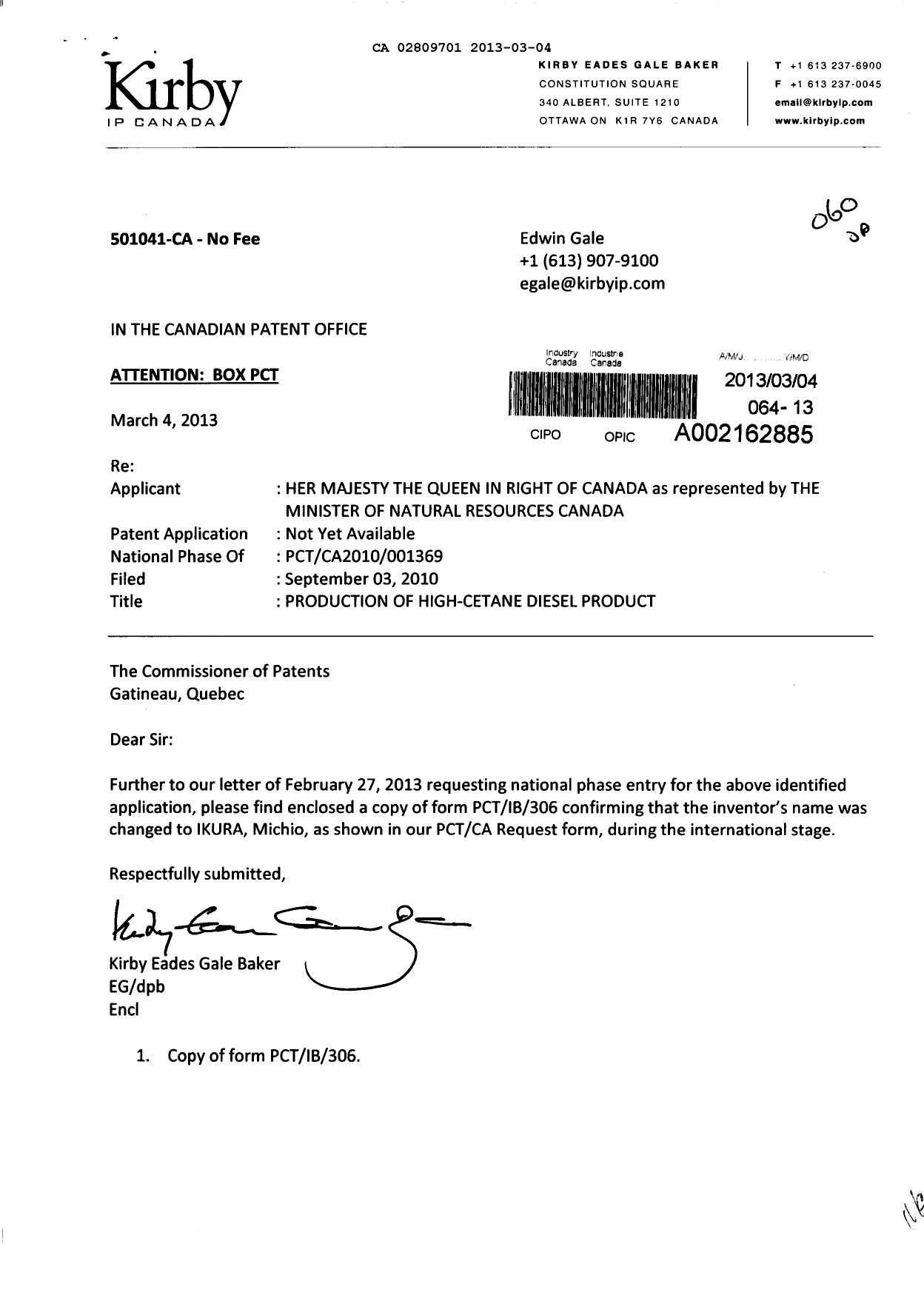 Document de brevet canadien 2809701. Correspondance 20121204. Image 1 de 2