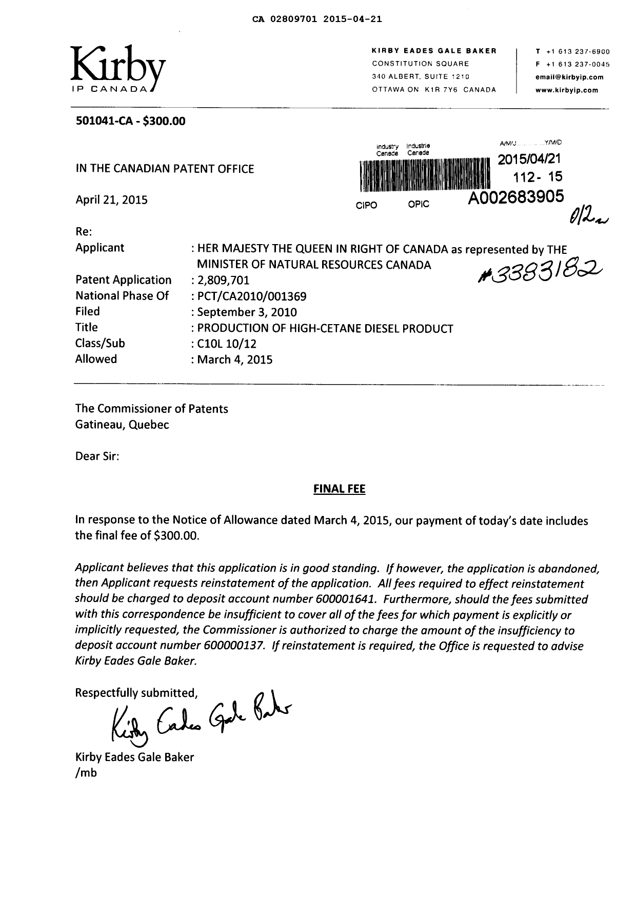 Canadian Patent Document 2809701. Correspondence 20141221. Image 1 of 1