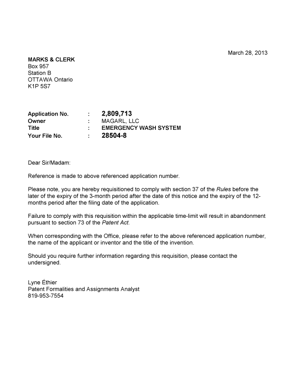 Document de brevet canadien 2809713. Correspondance 20121228. Image 1 de 1