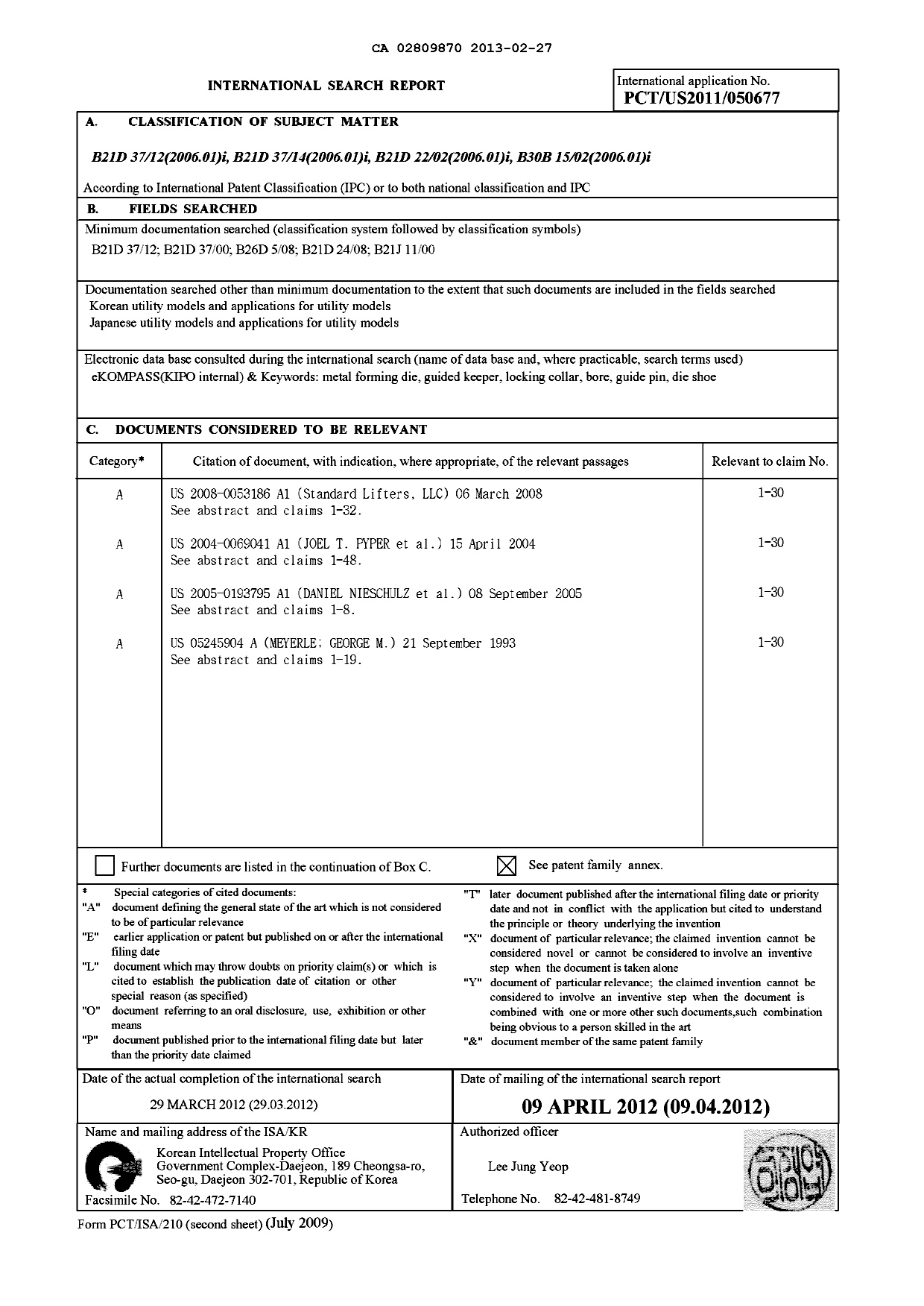Document de brevet canadien 2809870. PCT 20121227. Image 1 de 5