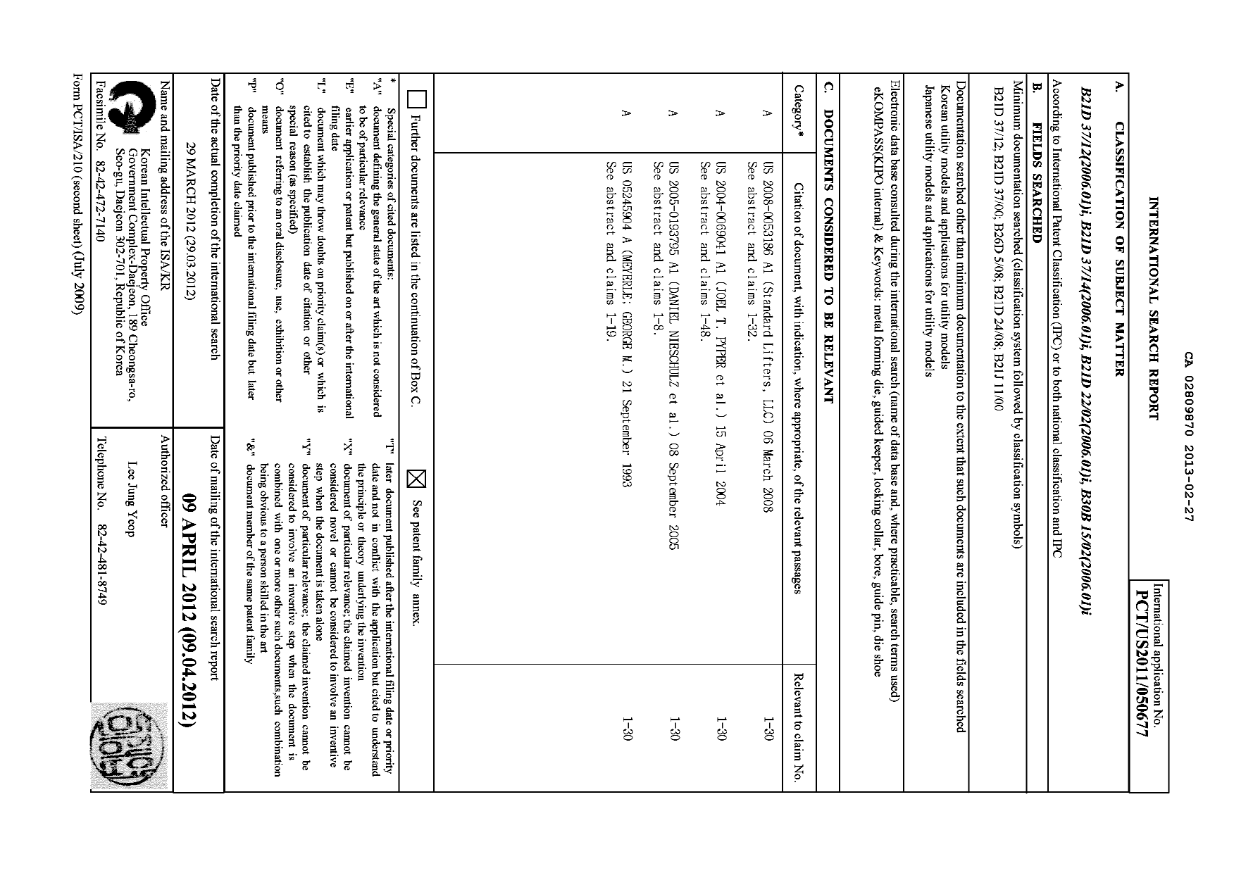 Document de brevet canadien 2809870. PCT 20121227. Image 1 de 5