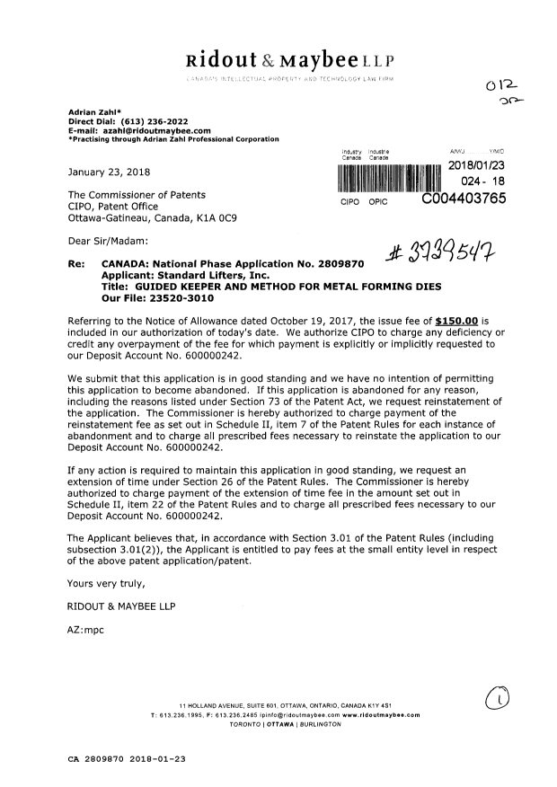 Document de brevet canadien 2809870. Taxe finale 20180123. Image 1 de 1