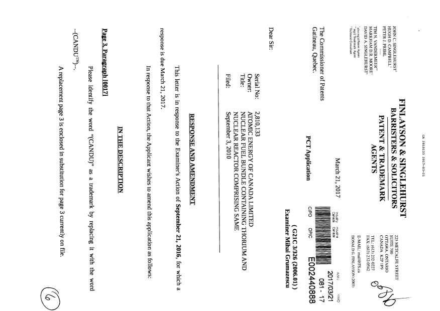 Document de brevet canadien 2810133. Poursuite-Amendment 20161221. Image 1 de 6