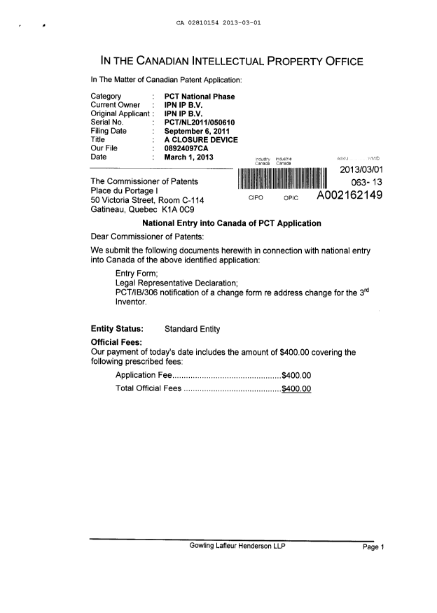 Document de brevet canadien 2810154. Cession 20130301. Image 1 de 4