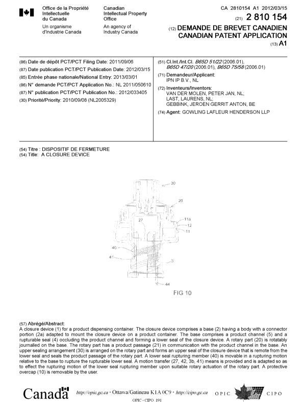 Document de brevet canadien 2810154. Page couverture 20130506. Image 1 de 1