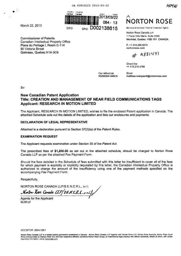 Document de brevet canadien 2810223. Cession 20130322. Image 1 de 4