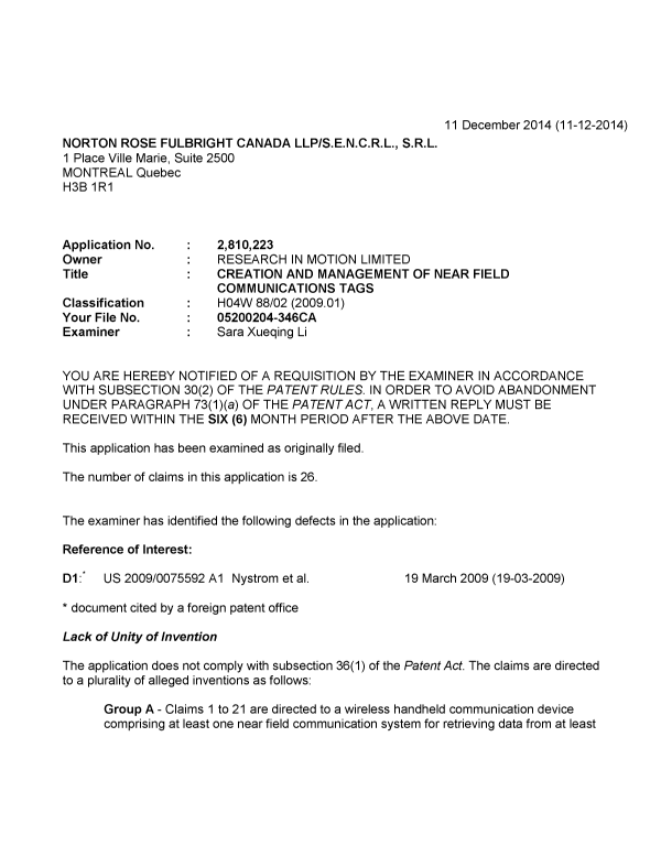 Document de brevet canadien 2810223. Poursuite-Amendment 20141211. Image 1 de 4