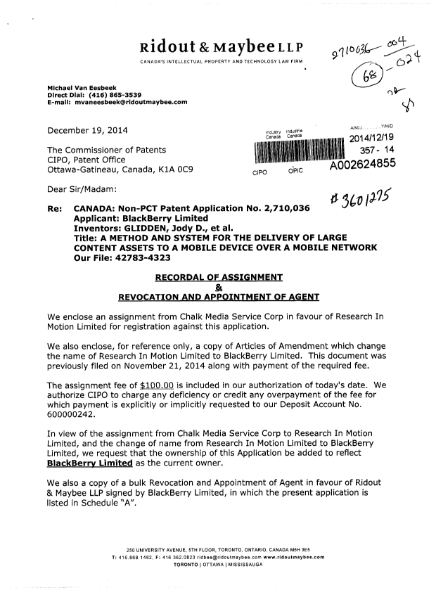 Document de brevet canadien 2810223. Correspondance 20141219. Image 1 de 6