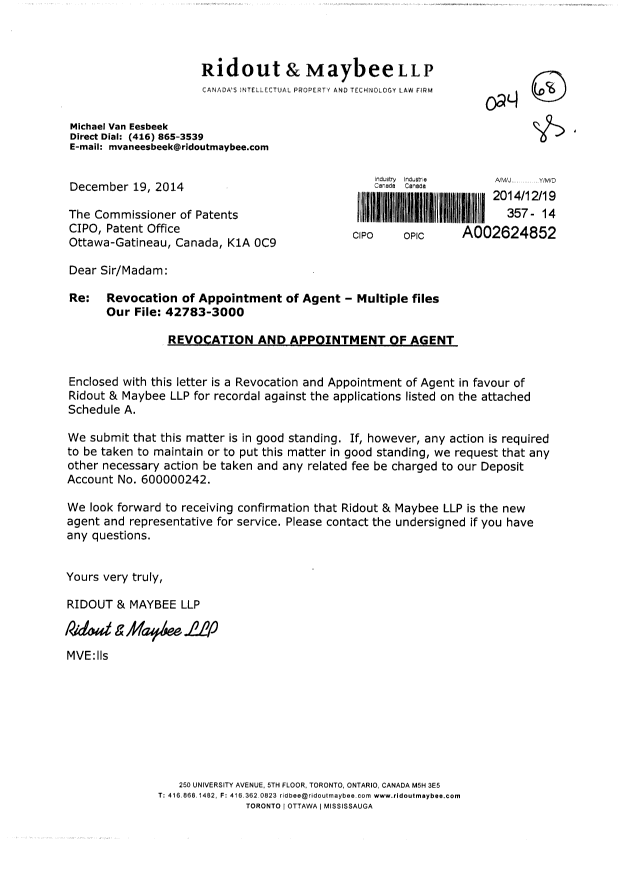 Document de brevet canadien 2810223. Correspondance 20141219. Image 1 de 5