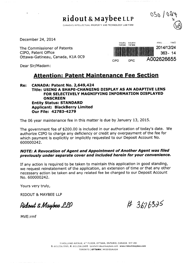 Document de brevet canadien 2810223. Correspondance 20141224. Image 1 de 5