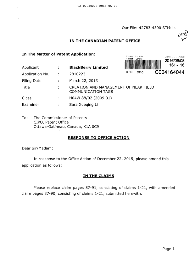 Document de brevet canadien 2810223. Poursuite-Amendment 20151208. Image 1 de 13