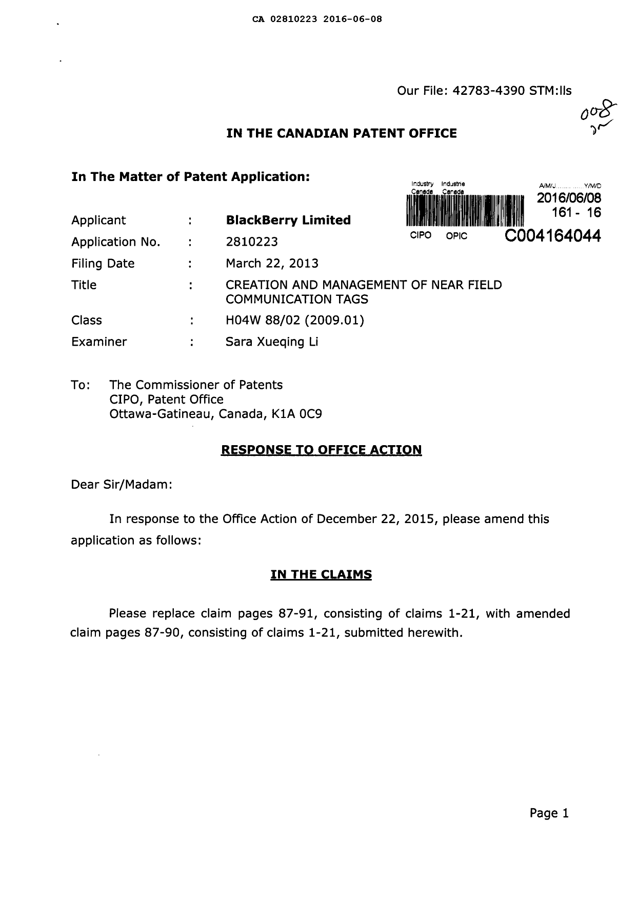 Canadian Patent Document 2810223. Prosecution-Amendment 20151208. Image 1 of 13