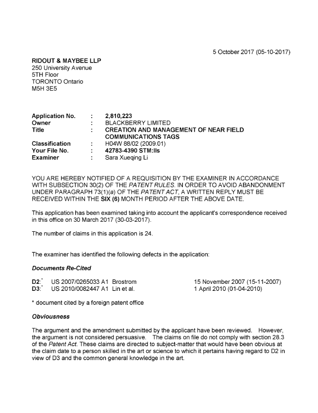 Document de brevet canadien 2810223. Demande d'examen 20171005. Image 1 de 4