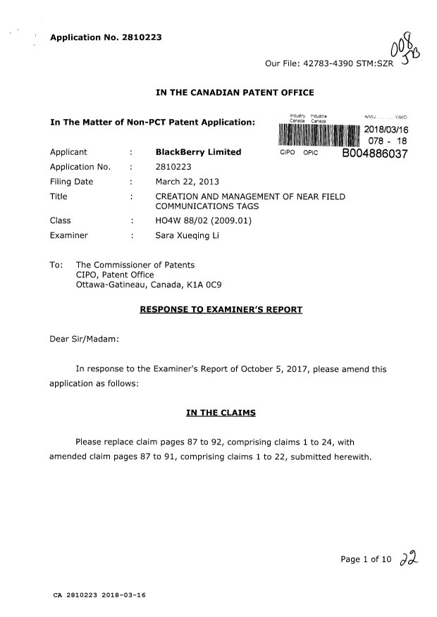Document de brevet canadien 2810223. Modification 20180316. Image 1 de 22