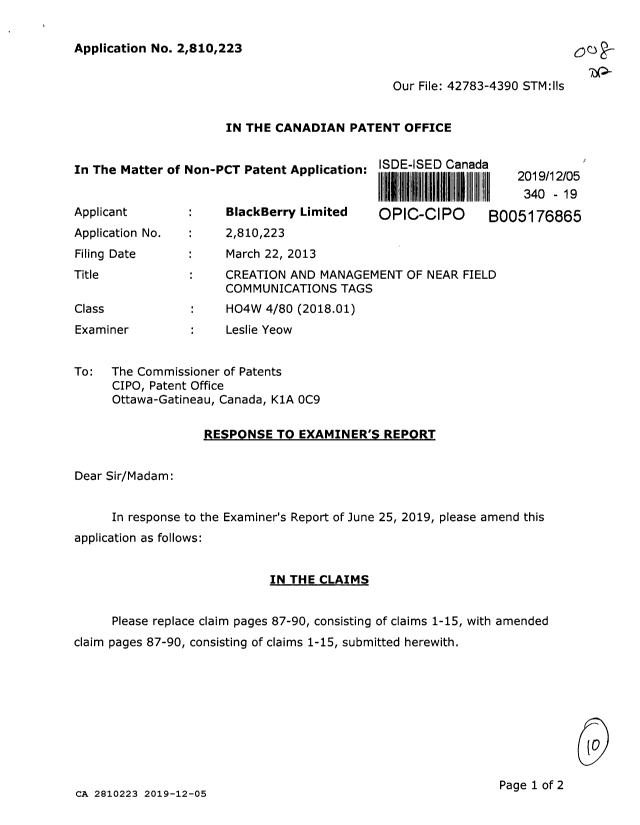 Document de brevet canadien 2810223. Modification 20191205. Image 1 de 10