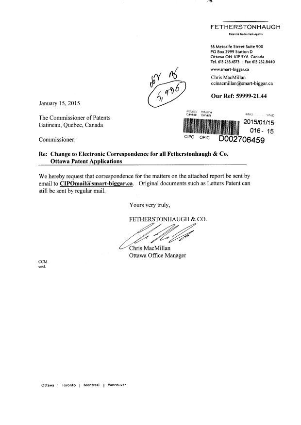 Document de brevet canadien 2810295. Correspondance 20141215. Image 1 de 2