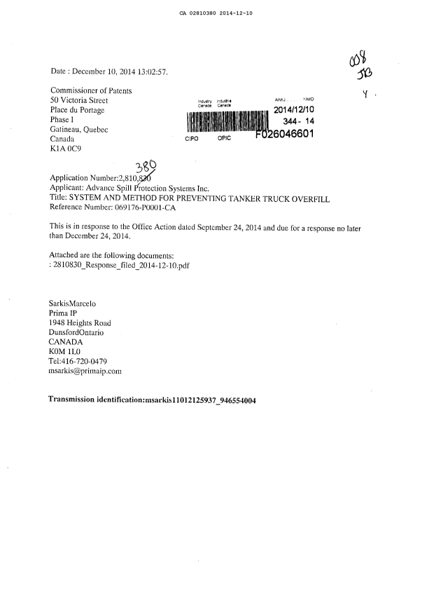 Document de brevet canadien 2810380. Poursuite-Amendment 20141210. Image 1 de 9
