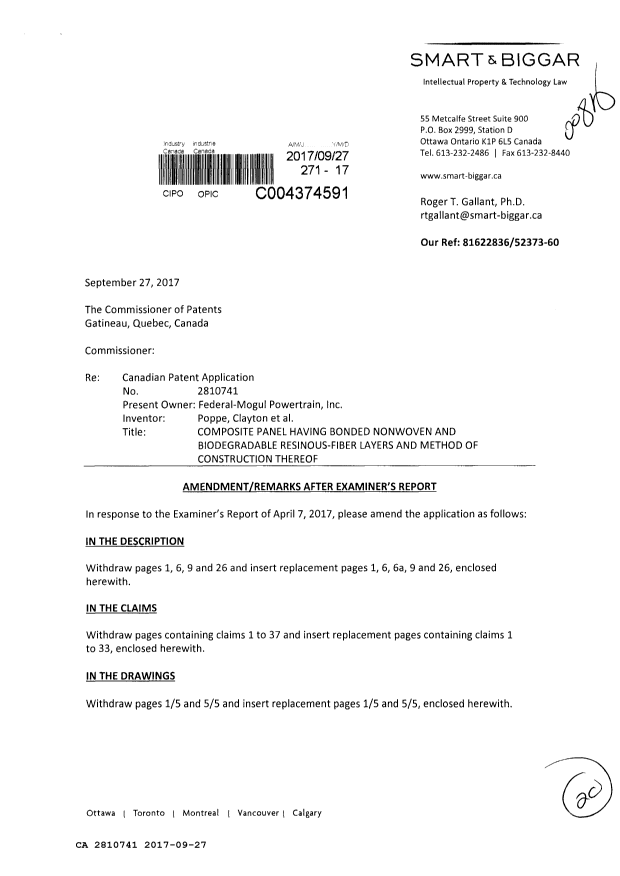 Document de brevet canadien 2810741. Poursuite-Amendment 20161227. Image 1 de 20