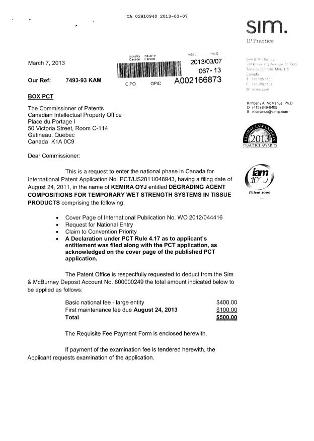 Document de brevet canadien 2810940. Cession 20130307. Image 1 de 9