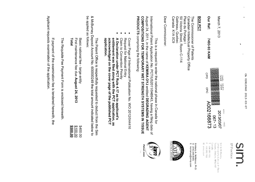 Document de brevet canadien 2810940. Cession 20130307. Image 1 de 9