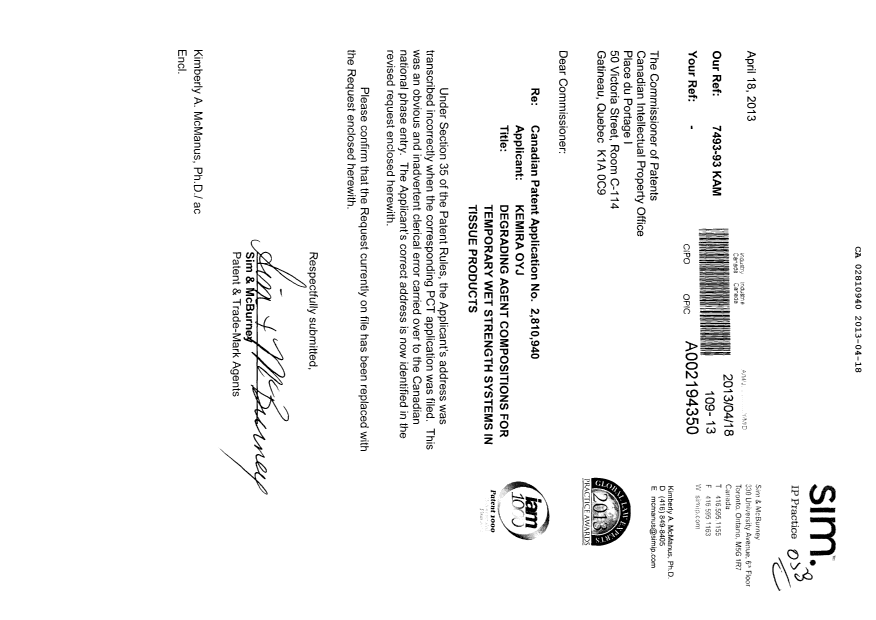 Document de brevet canadien 2810940. Correspondance 20130418. Image 1 de 3