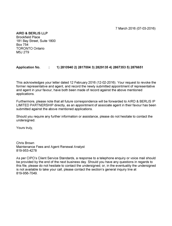 Document de brevet canadien 2810940. Correspondance 20151207. Image 1 de 1