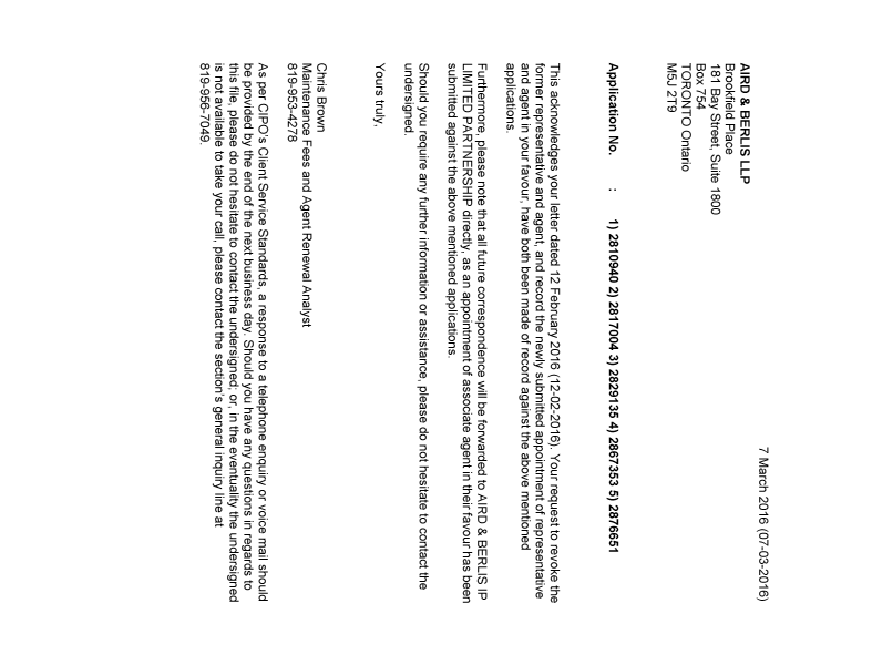 Document de brevet canadien 2810940. Correspondance 20151207. Image 1 de 1