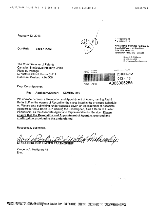 Document de brevet canadien 2810940. Correspondance 20151212. Image 1 de 4