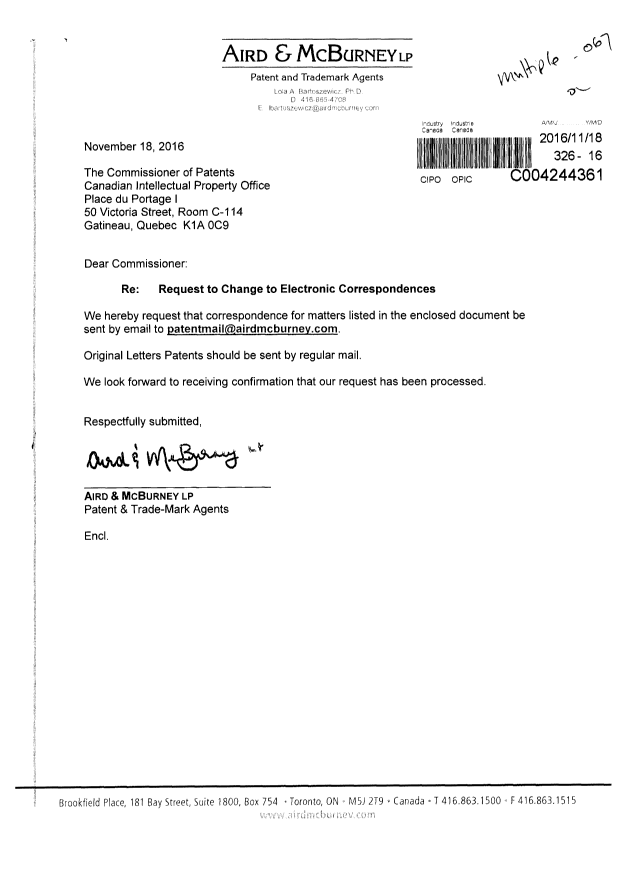 Document de brevet canadien 2810940. Correspondance 20151218. Image 1 de 3