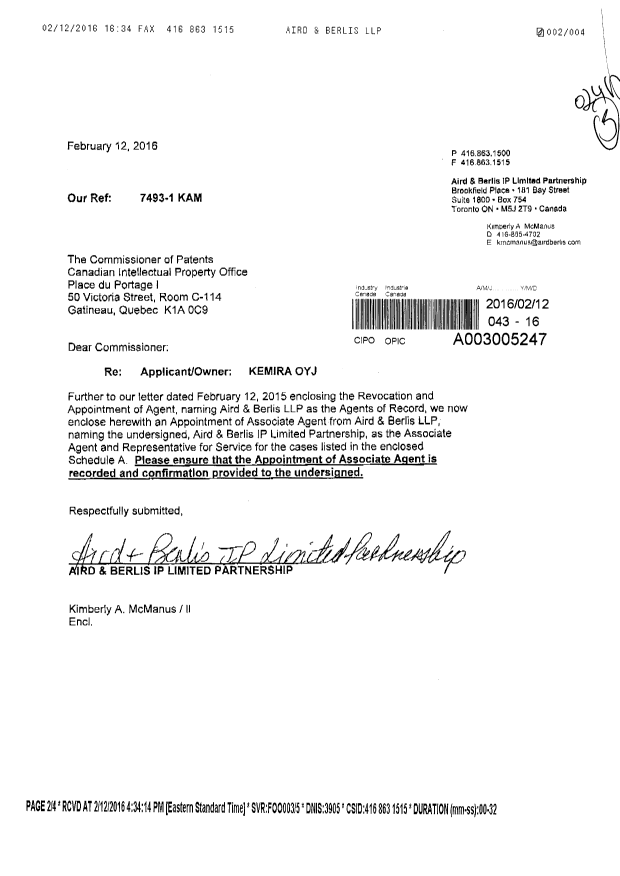 Document de brevet canadien 2810940. Changement de nomination d'agent 20160212. Image 1 de 4