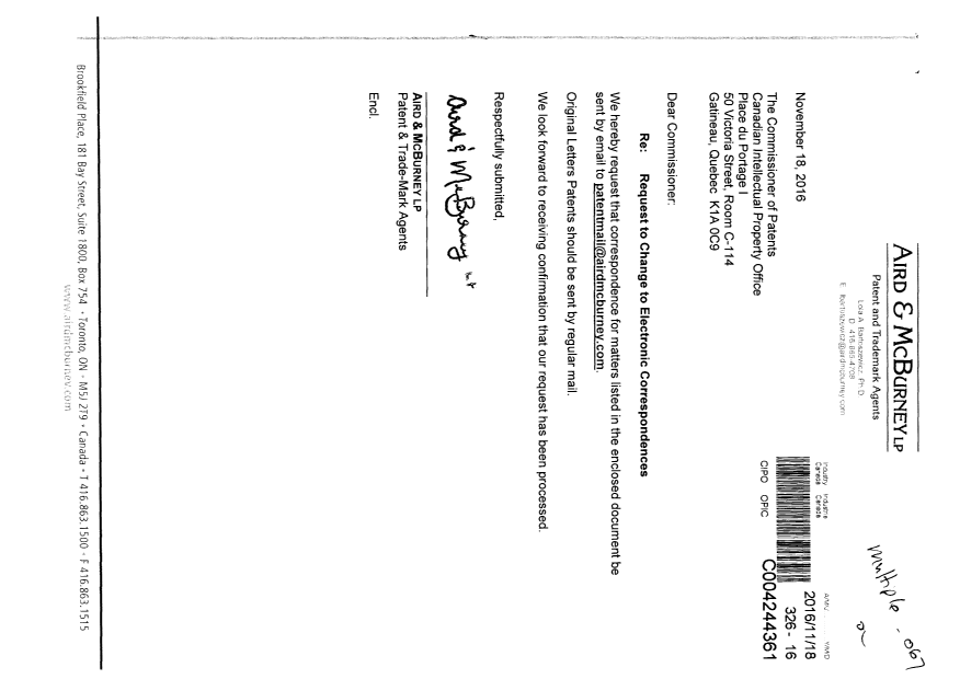 Document de brevet canadien 2810940. Correspondance 20161118. Image 1 de 3