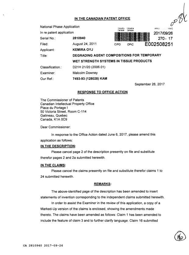 Canadian Patent Document 2810940. Amendment 20170926. Image 1 of 16