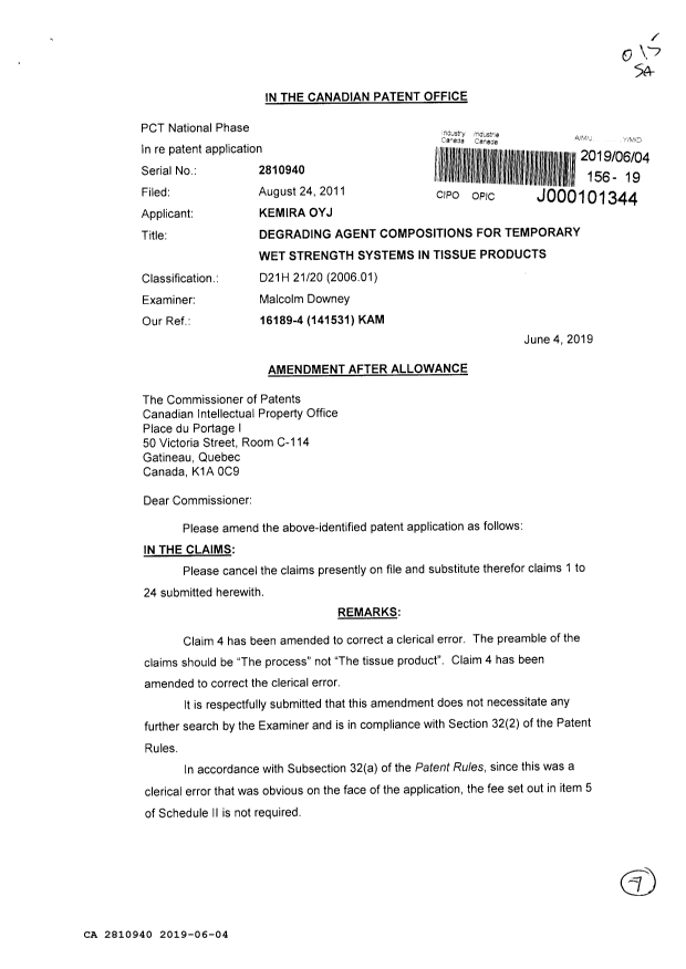 Document de brevet canadien 2810940. Modification après acceptation 20190604. Image 1 de 7