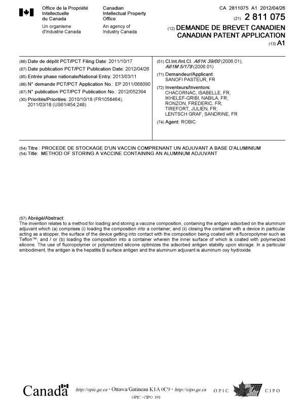 Document de brevet canadien 2811075. Page couverture 20121224. Image 1 de 1
