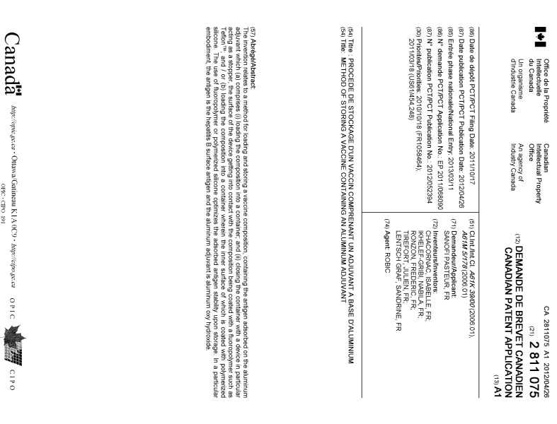 Document de brevet canadien 2811075. Page couverture 20121224. Image 1 de 1