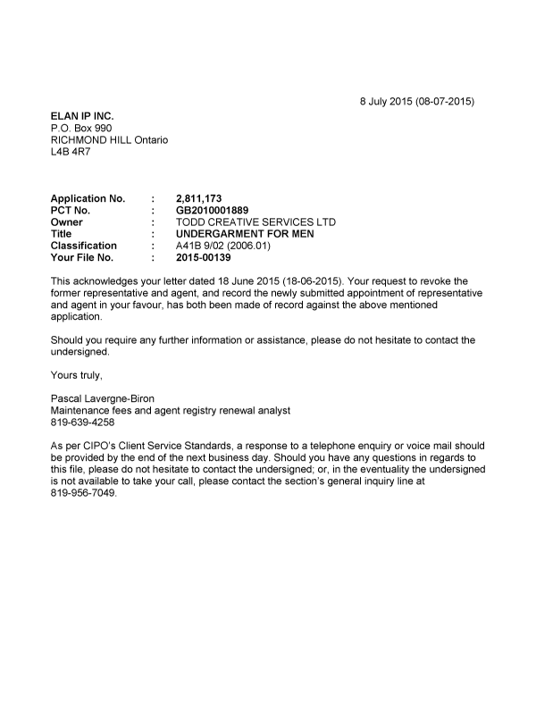 Document de brevet canadien 2811173. Correspondance 20141208. Image 1 de 1