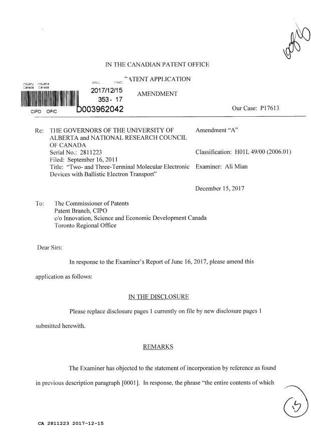 Canadian Patent Document 2811223. Prosecution-Amendment 20161215. Image 1 of 15